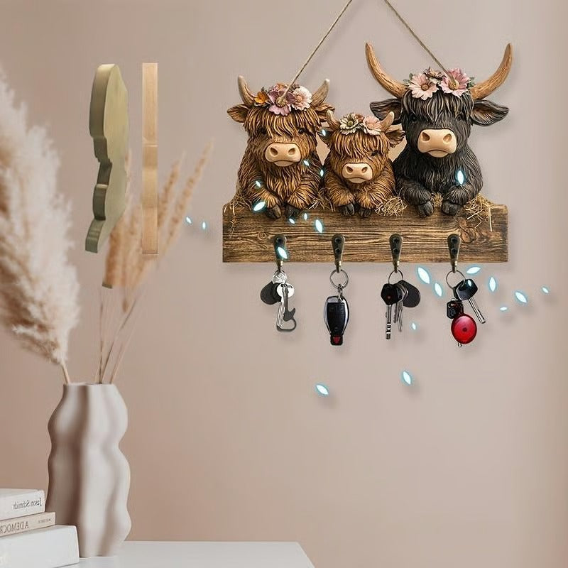 Highland Cow Wooden Key Holder Decor