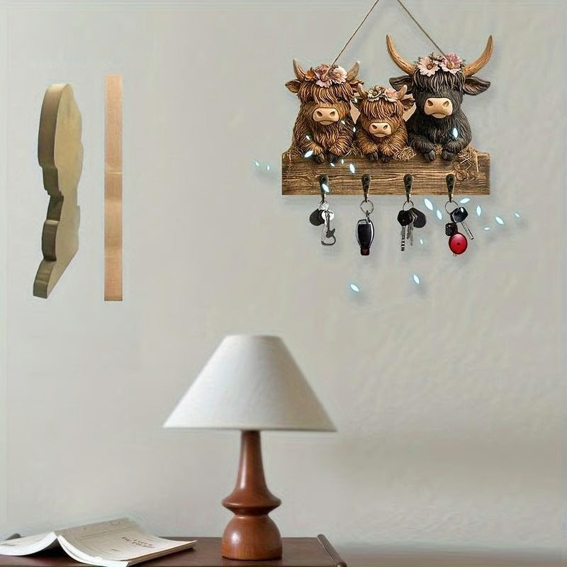 Highland Cow Wooden Key Holder Decor