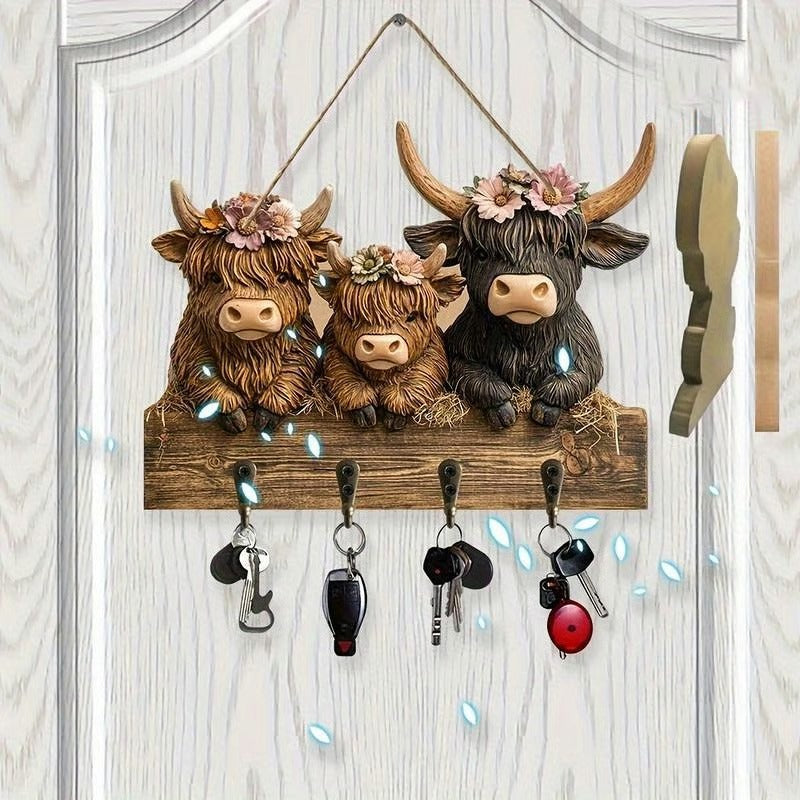 Highland Cow Wooden Key Holder Decor