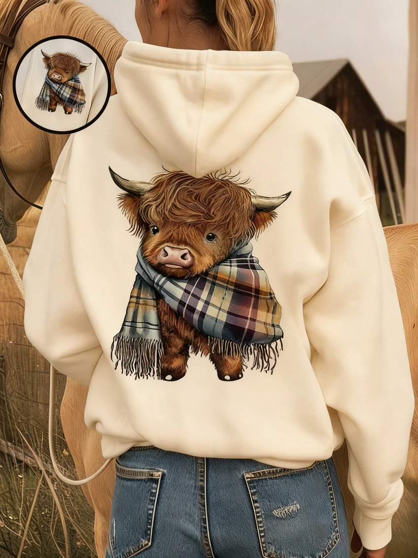 Cute Highland Cow Cozy Fleece-Lined Hooded Sweatshirt