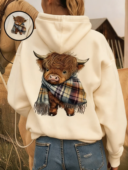 Cute Highland Cow Cozy Fleece-Lined Hooded Sweatshirt