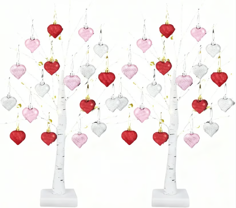 LED Tabletop Birch Tree With 18 Heart Ornaments