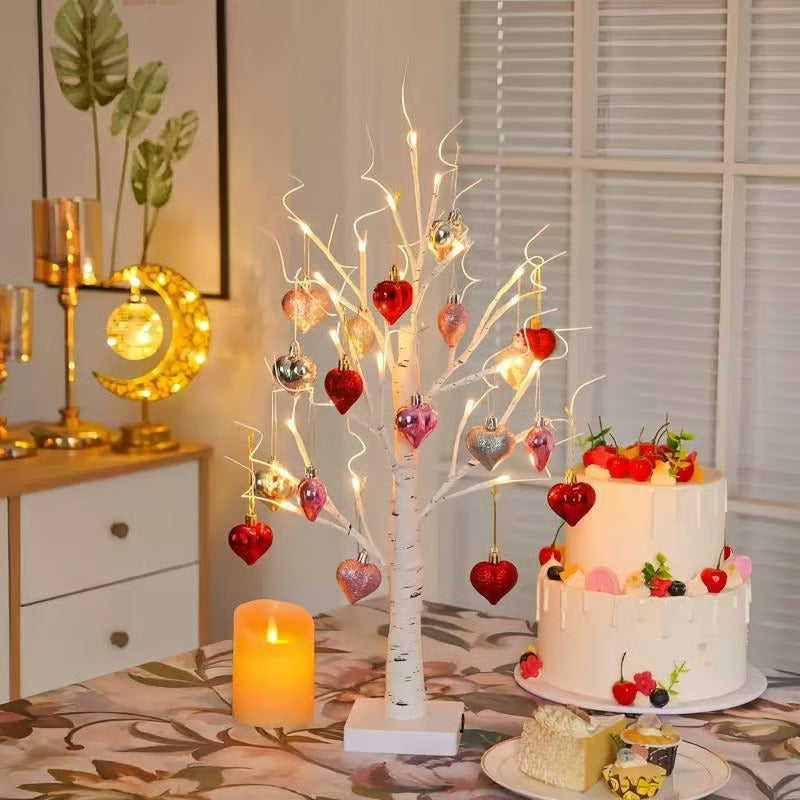 LED Tabletop Birch Tree With 18 Heart Ornaments