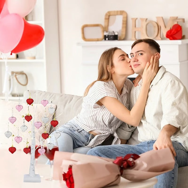 LED Tabletop Birch Tree With 18 Heart Ornaments