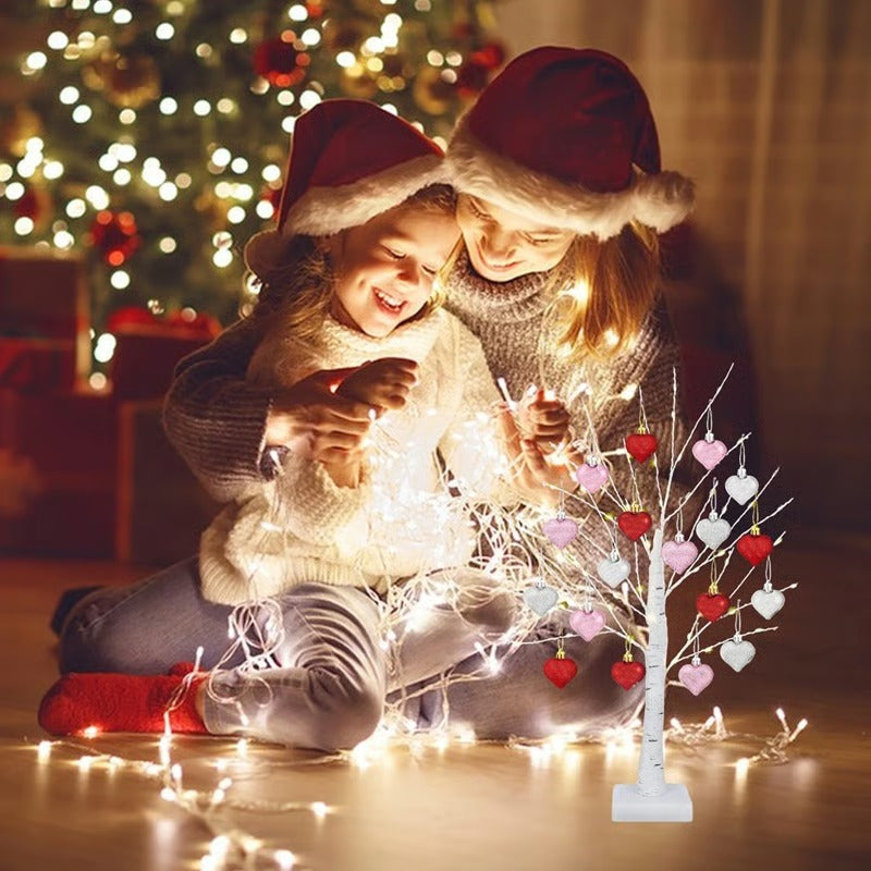 LED Tabletop Birch Tree With 18 Heart Ornaments