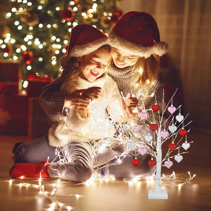 LED Tabletop Birch Tree With 18 Heart Ornaments