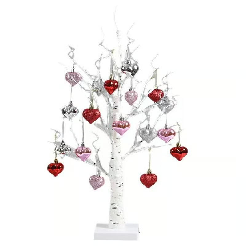 LED Tabletop Birch Tree With 18 Heart Ornaments