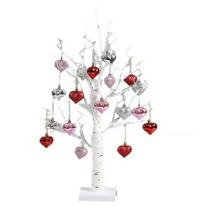 LED Tabletop Birch Tree With 18 Heart Ornaments
