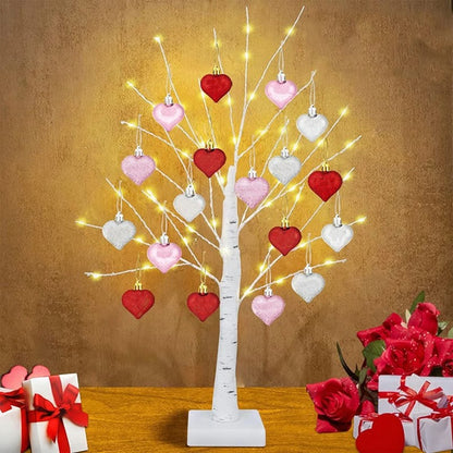 LED Tabletop Birch Tree With 18 Heart Ornaments