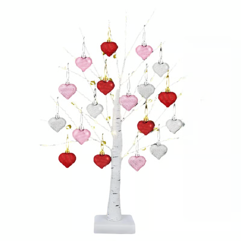 LED Tabletop Birch Tree With 18 Heart Ornaments