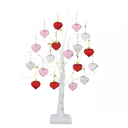 LED Tabletop Birch Tree With 18 Heart Ornaments